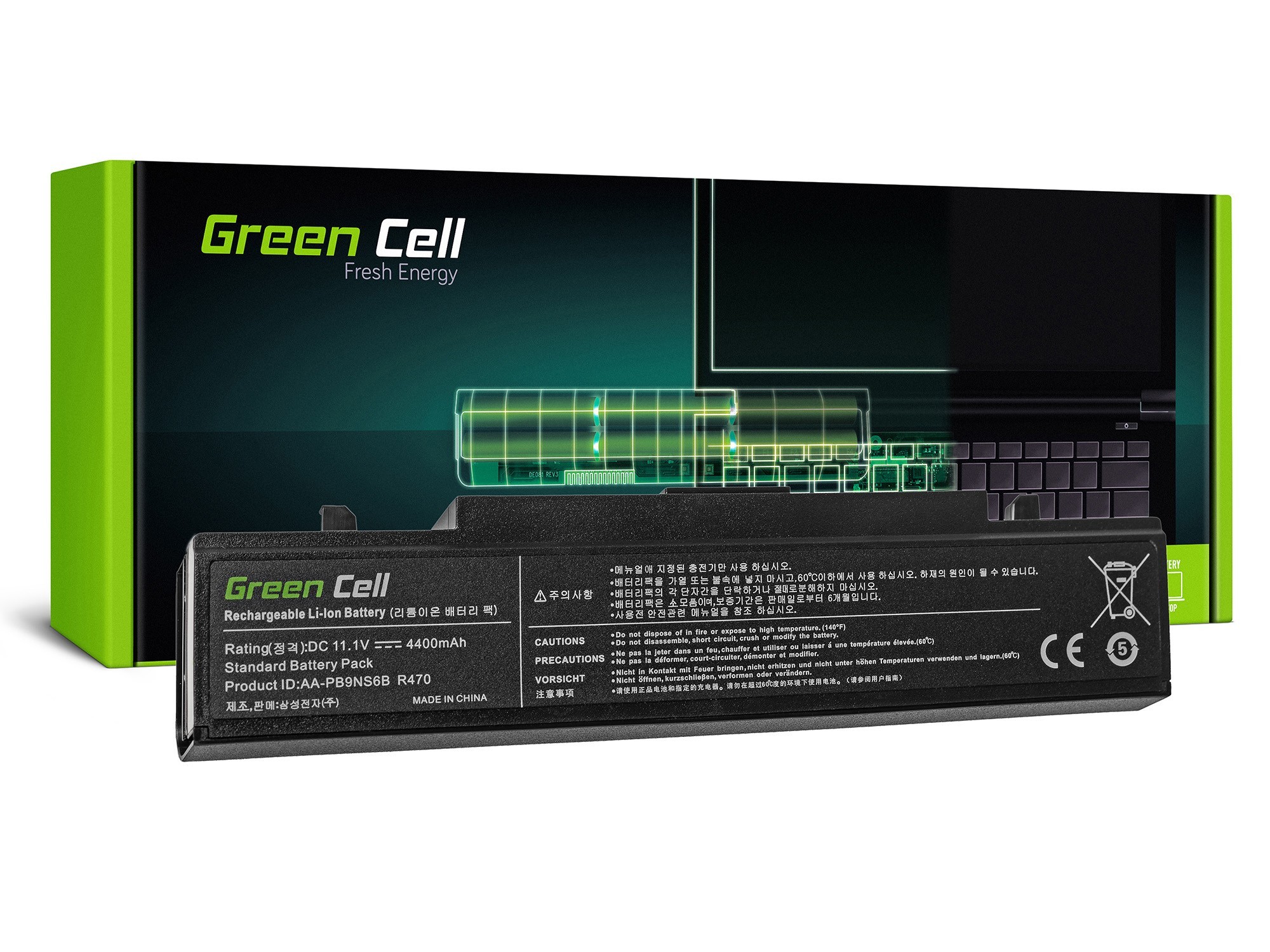 Green Cell Battery for Samsung R519 R522 R530 R540 R580 R620 R719 R780 (black) / 11,1V 4400mAh